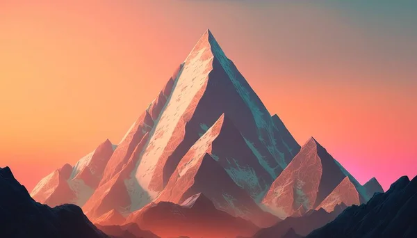 a painting of a mountain range with a pink sky in the background and a pink sky in the foreground with a pink sky in the middle.