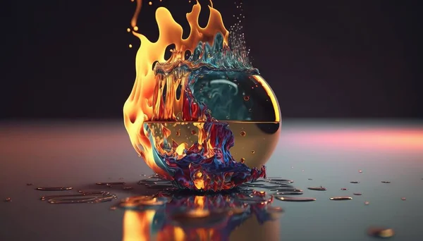 a glass of liquid with fire and water splashing out of it.
