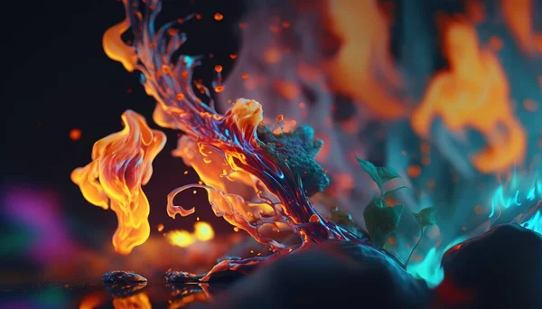 a colorful fire and water background with a leaf on it.