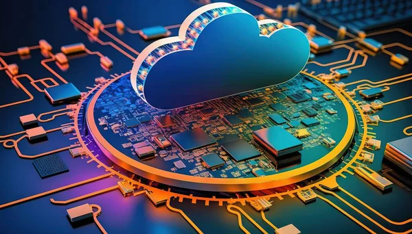 a cloud shaped like a computer processor on top of a circuit board.