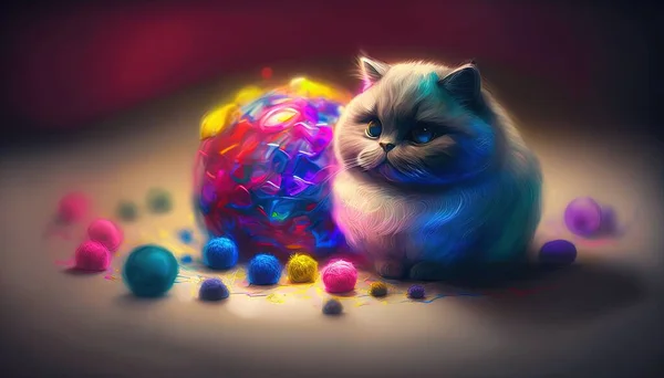 a painting of a cat next to a ball of colored balls.