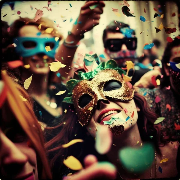 a group of people with masks and confetti on their faces.