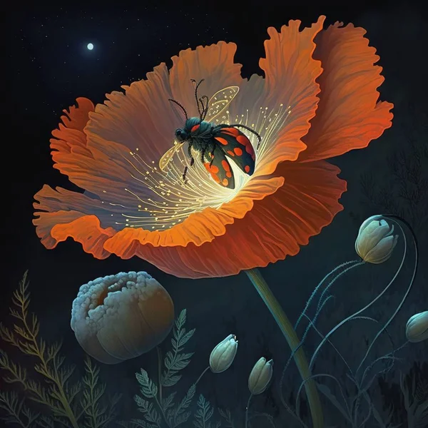 a painting of a bee on a flower with a moon in the background.