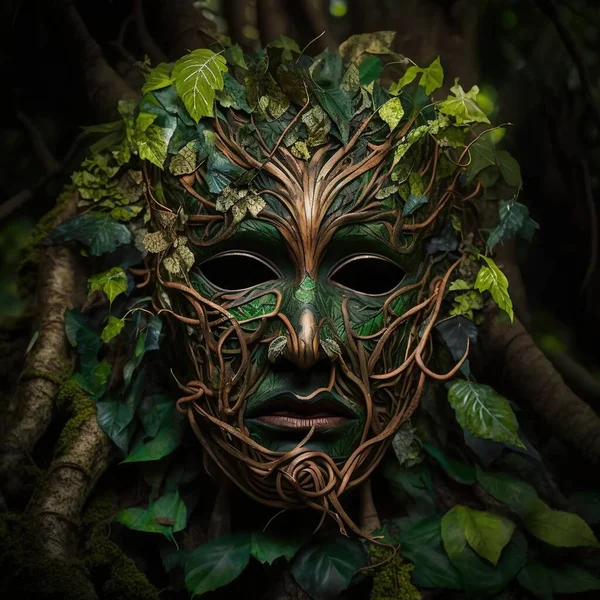a green mask with vines and leaves covering it\'s face.