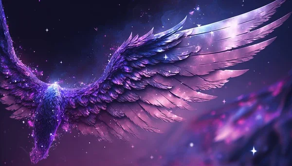 a purple and blue bird flying through the sky with stars.
