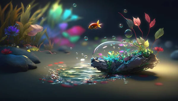 a painting of a fish in a pond of water with bubbles.