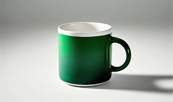 a green and white coffee mug sitting on a white surface.