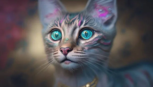 a painting of a cat with blue eyes and a gold collar.