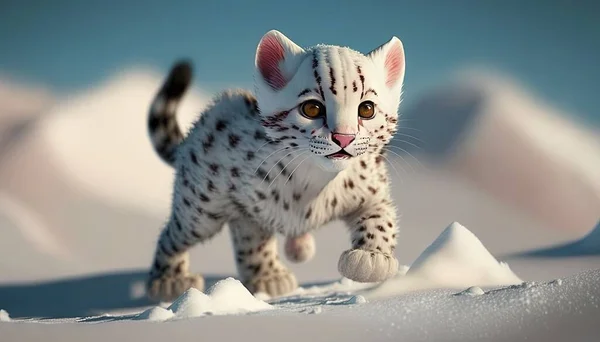a snow leopard cub running across a snow covered field with mountains in the background.