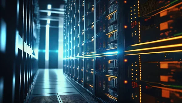 rows of servers in a data center with bright lights coming from them.