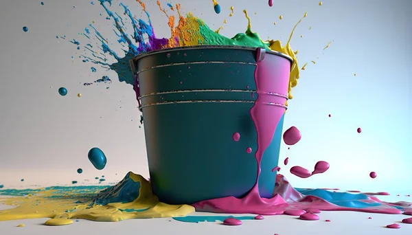 a bucket with paint spilling out of it on a white surface.