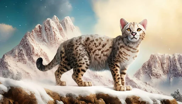 a painting of a cat standing on top of a snow covered hill.