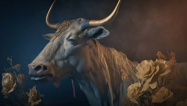a bull with horns and a flower arrangement in front of a dark background.