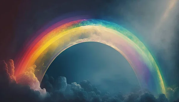 a rainbow in the sky with clouds and a dark background.