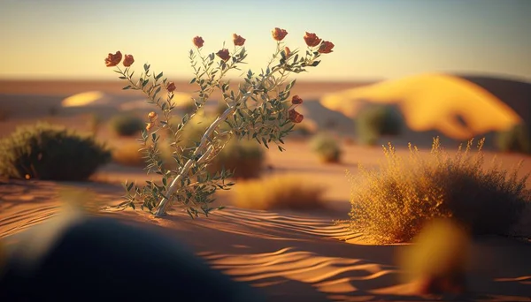 a desert scene with a lone plant in the foreground.