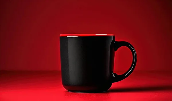 a black and red coffee cup sitting on a red surface.