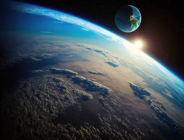 a view of the earth from space with the sun in the distance.