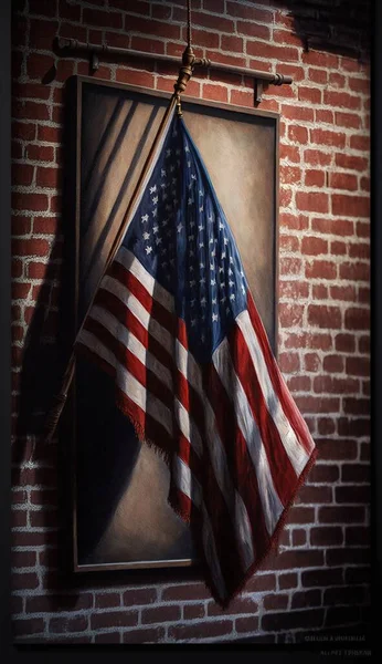 a painting of an american flag hanging on a brick wall.