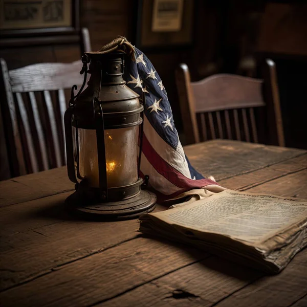 a lantern with a flag on top of it sitting on a table.