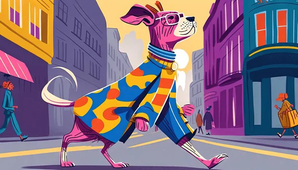 a cartoon dog dressed in a colorful coat crossing a street.