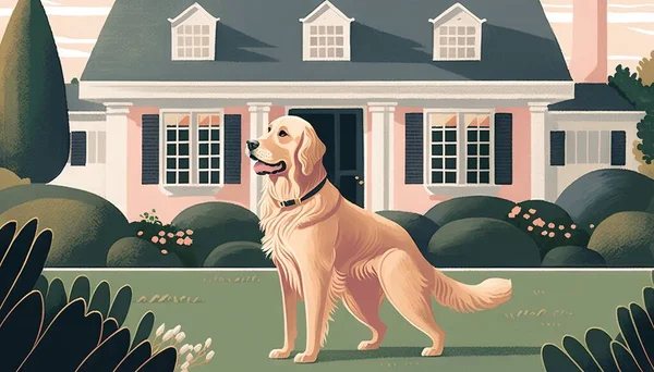 a golden retriever standing in front of a pink house.