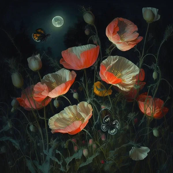 a painting of a bunch of flowers with a full moon in the background.