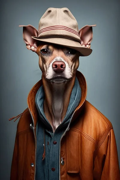 a dog wearing a hat and jacket with a jacket on. .
