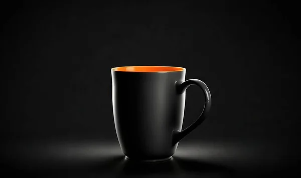 a black cup with an orange rim on a black background.