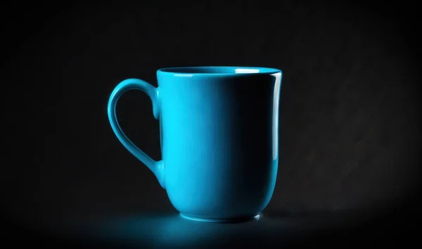 a blue coffee cup sitting on top of a black table.