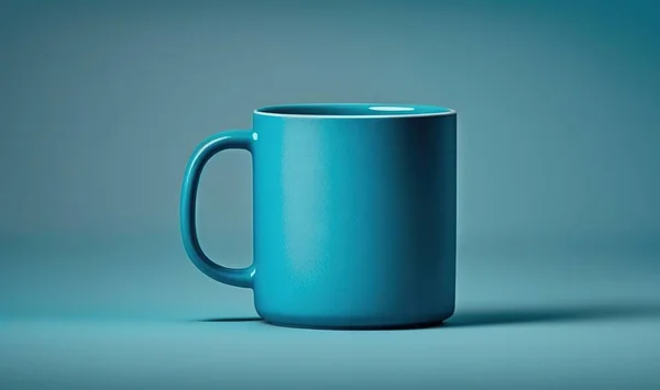 a blue coffee mug sitting on top of a blue table.