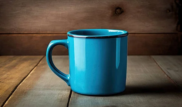 a blue coffee cup sitting on top of a wooden table.