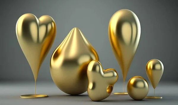 a group of shiny gold balloons and a heart shaped balloon.