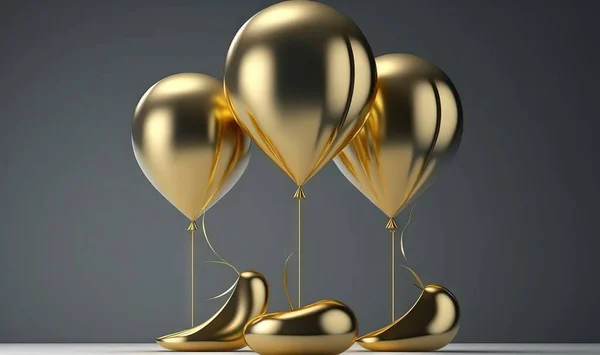 a group of gold balloons with a silver background and a gray background.