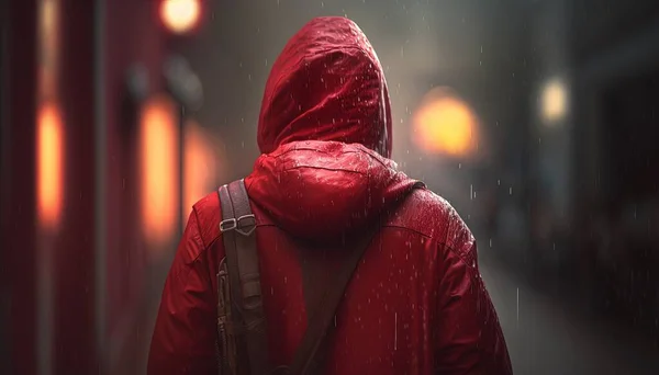 a person in a red raincoat walking down a street.