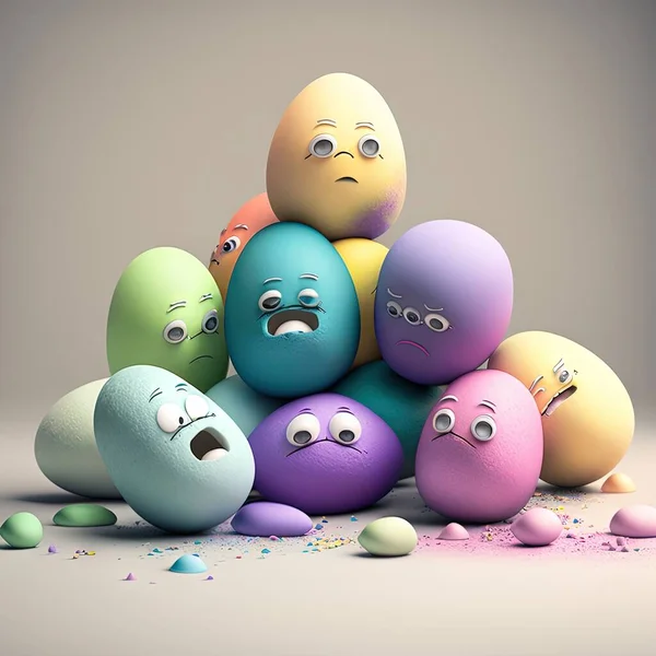 a group of eggs with faces drawn on them and colored eggs with faces drawn on them.