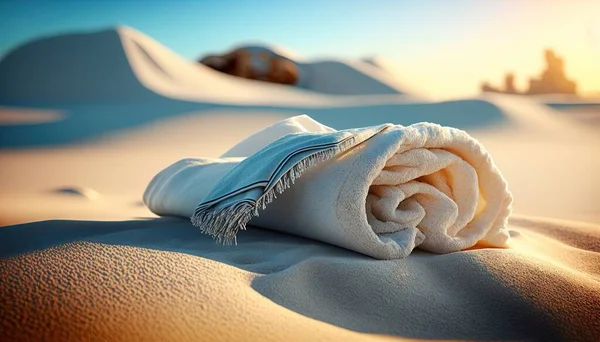 a blanket is laying on top of a sand dune in the desert.