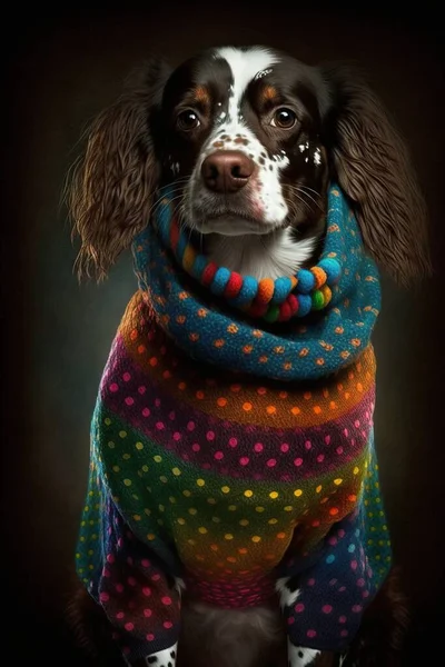 a dog wearing a colorful sweater and a polka dot scarf.