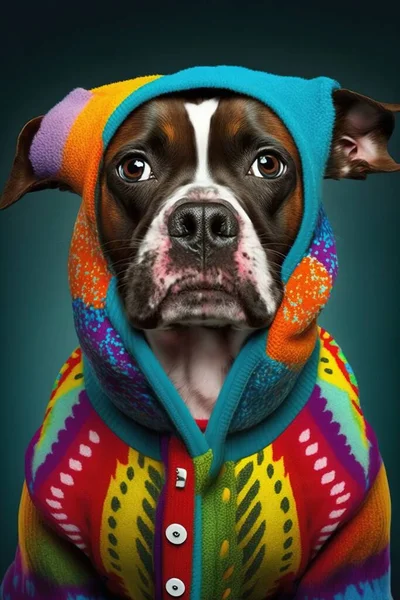 a dog wearing a colorful sweater with a hoodie on.
