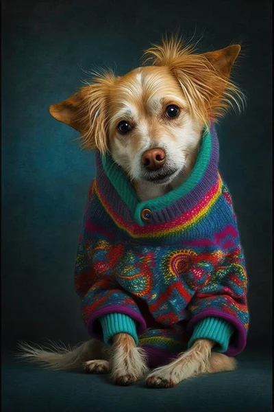 a small dog wearing a colorful sweater and looking at the camera.