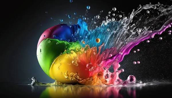 a rainbow colored apple with water splashing out of it.