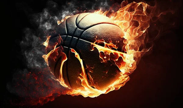 a basketball is in the middle of a blazing fireball.