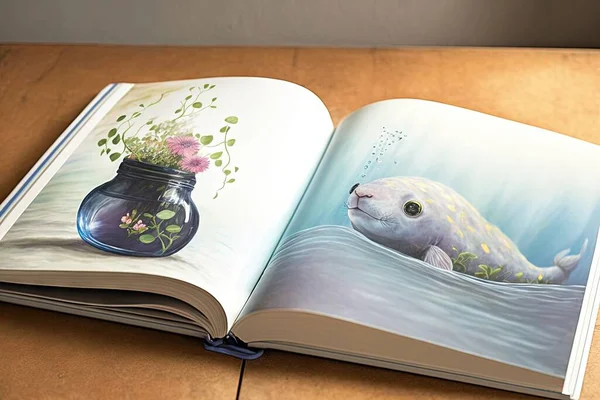 an open book with a picture of a fish and a vase of flowers.