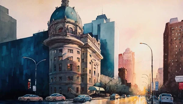 a painting of a city street with a building and cars.