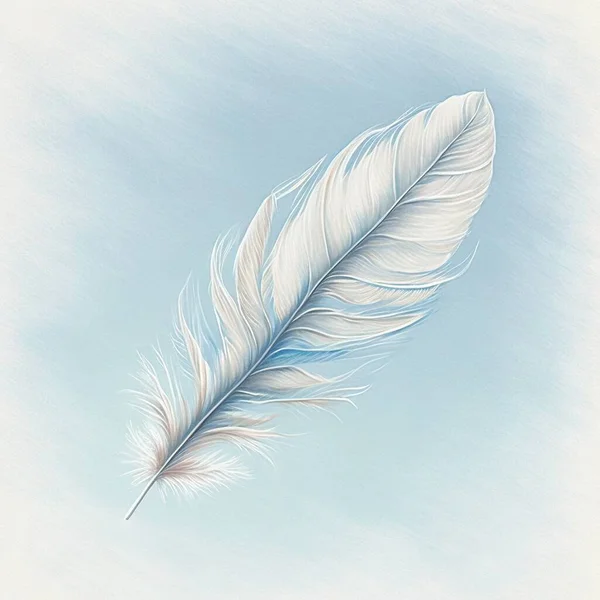 a drawing of a white feather on a blue sky background.