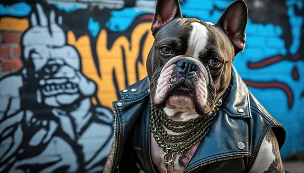 a dog wearing a leather jacket and chain collar standing in front of a graffiti covered wall.
