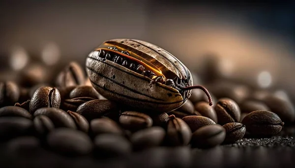 a close up of a coffee pod on a pile of coffee beans.