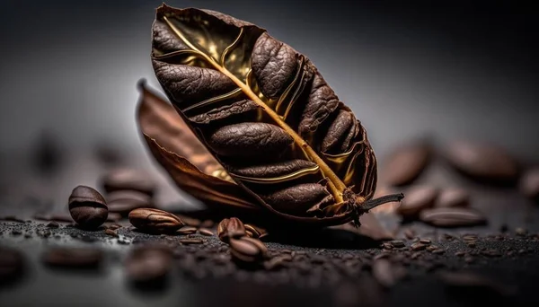 a coffee leaf and some coffee beans on a dark surface.