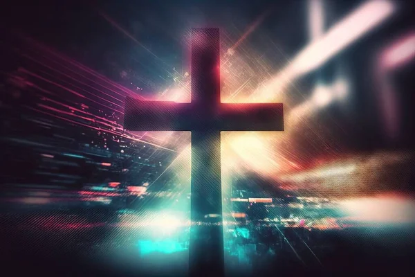 a cross with a blurry background of buildings and lights.