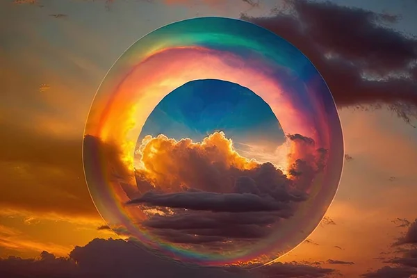 a large bubble floating in the sky with clouds in the background.