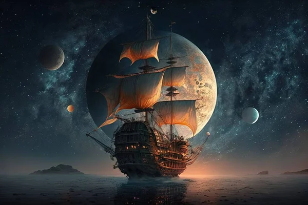 a ship floating on top of a body of water under a full moon.